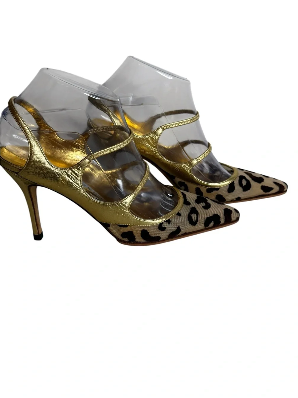 Manolo Blahnik Gold Metallic & Leopard Print Pumps Pointed Toe Heels Size 38